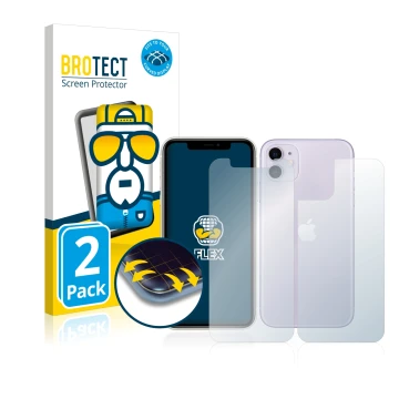 Parte frontal de un envase de producto con el logotipo de la marca BROTECT. Al lado se muestra el dispositivo Apple iPhone 11 