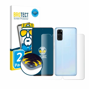 Parte frontal de un envase de producto con el logotipo de la marca BROTECT. Al lado se muestra el dispositivo Samsung Galaxy S