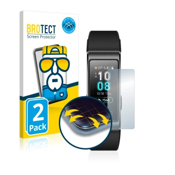 Parte frontal de un envase de producto con el logotipo de la marca BROTECT. Al lado se muestra el dispositivo Huawei Band 4 Pr