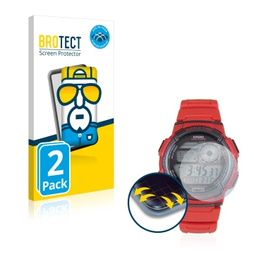 Parte frontal de un envase de producto con el logotipo de la marca BROTECT. Al lado se muestra el dispositivo Casio AE-1000W c