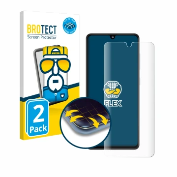 Parte frontal de un envase de producto con el logotipo de la marca BROTECT. Al lado se muestra el dispositivo Samsung Galaxy A
