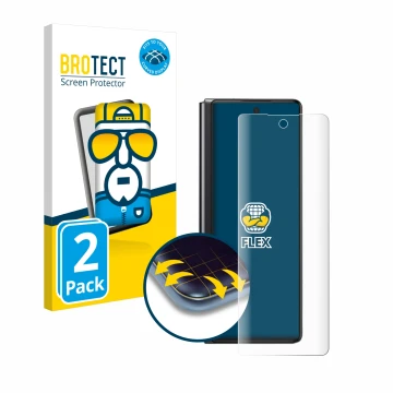 Parte frontal de un envase de producto con el logotipo de la marca BROTECT. Al lado se muestra el dispositivo Samsung Galaxy Z