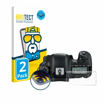 Parte frontal de un envase de producto con el logotipo de la marca BROTECT. Al lado se muestra el dispositivo Canon EOS 6D (pa