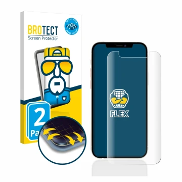 Parte frontal de un envase de producto con el logotipo de la marca BROTECT. Al lado se muestra el dispositivo Apple iPhone 12 