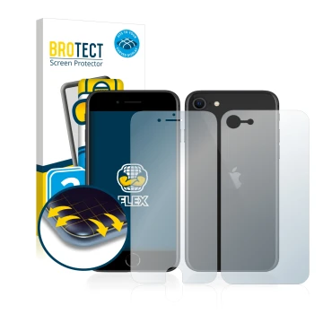 Parte frontal de un envase de producto con el logotipo de la marca BROTECT. Al lado se muestra el dispositivo Apple iPhone SE 