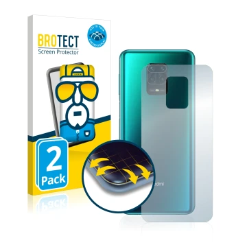 Parte frontal de un envase de producto con el logotipo de la marca BROTECT. Al lado se muestra el dispositivo Xiaomi Redmi Not