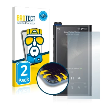 Parte frontal de un envase de producto con el logotipo de la marca BROTECT. Al lado se muestra el dispositivo FiiO M15 con su 