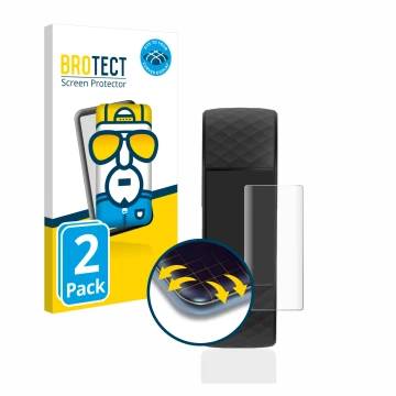 Parte frontal de un envase de producto con el logotipo de la marca BROTECT. Al lado se muestra el dispositivo Fitbit Charge 4 