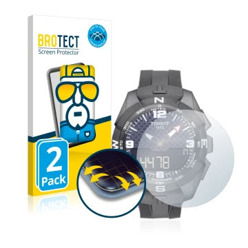 Parte frontal de un envase de producto con el logotipo de la marca BROTECT. Al lado se muestra el dispositivo Tissot T-Touch C