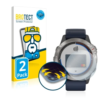 Parte frontal de un envase de producto con el logotipo de la marca BROTECT. Al lado se muestra el dispositivo Garmin quatix 6 