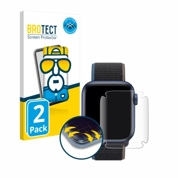 Parte frontal de un envase de producto con el logotipo de la marca BROTECT. Al lado se muestra el dispositivo Apple Watch Seri