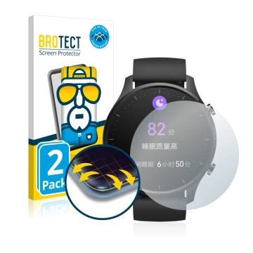 Parte frontal de un envase de producto con el logotipo de la marca BROTECT. Al lado se muestra el dispositivo Xiaomi Mi Watch 