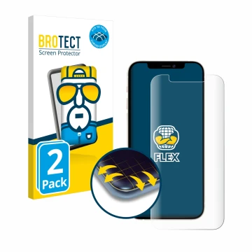 Parte frontal de un envase de producto con el logotipo de la marca BROTECT. Al lado se muestra el dispositivo Apple iPhone 12 