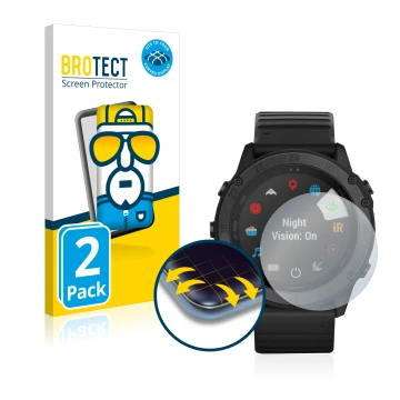 Parte frontal de un envase de producto con el logotipo de la marca BROTECT. Al lado se muestra el dispositivo Garmin Tactix De