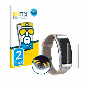 Parte frontal de un envase de producto con el logotipo de la marca BROTECT. Al lado se muestra el dispositivo Huawei TalkBand 