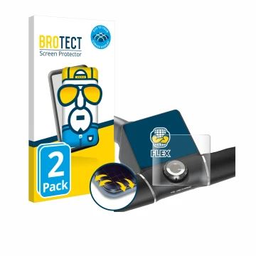 Parte frontal de un envase de producto con el logotipo de la marca BROTECT. Al lado se muestra el dispositivo Motocaddy M5 GPS