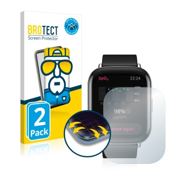 Parte frontal de un envase de producto con el logotipo de la marca BROTECT. Al lado se muestra el dispositivo Zepp E Square co