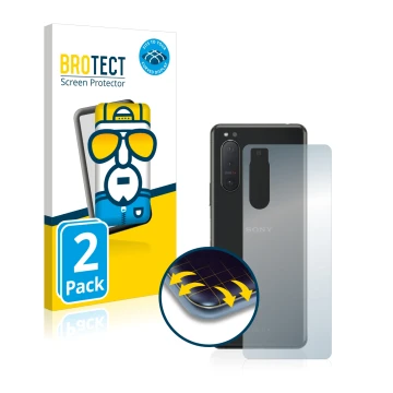 Parte frontal de un envase de producto con el logotipo de la marca BROTECT. Al lado se muestra el dispositivo Sony Xperia 5 II