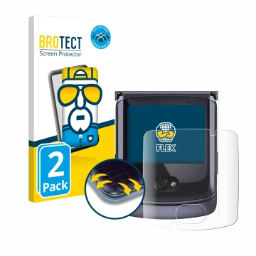 Parte frontal de un envase de producto con el logotipo de la marca BROTECT. Al lado se muestra el dispositivo Motorola Razr 5G