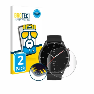 Parte frontal de un envase de producto con el logotipo de la marca BROTECT. Al lado se muestra el dispositivo Huami Amazfit GT