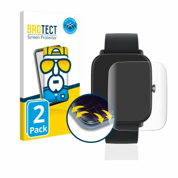 Parte frontal de un envase de producto con el logotipo de la marca BROTECT. Al lado se muestra el dispositivo Huami Amazfit Bi