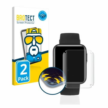 Parte frontal de un envase de producto con el logotipo de la marca BROTECT. Al lado se muestra el dispositivo Xiaomi Mi Watch 