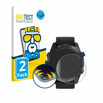 Parte frontal de un envase de producto con el logotipo de la marca BROTECT. Al lado se muestra el dispositivo Garmin Descent M