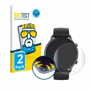 Parte frontal de un envase de producto con el logotipo de la marca BROTECT. Al lado se muestra el dispositivo Huami Amazfit GT