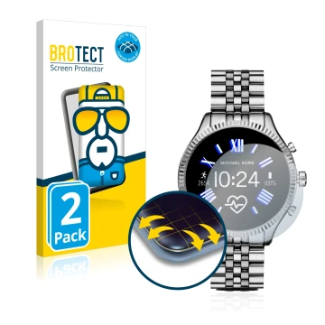 Parte frontal de un envase de producto con el logotipo de la marca BROTECT. Al lado se muestra el dispositivo Michael Kors Acc