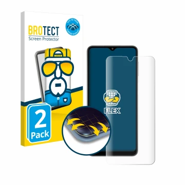 Parte frontal de un envase de producto con el logotipo de la marca BROTECT. Al lado se muestra el dispositivo Samsung Galaxy A
