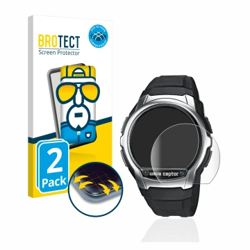 Parte frontal de un envase de producto con el logotipo de la marca BROTECT. Al lado se muestra el dispositivo Casio Wave Cepto