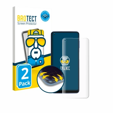 Parte frontal de un envase de producto con el logotipo de la marca BROTECT. Al lado se muestra el dispositivo Motorola Moto G 