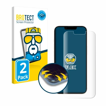 Parte frontal de un envase de producto con el logotipo de la marca BROTECT. Al lado se muestra el dispositivo Apple iPhone 13 