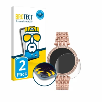 Parte frontal de un envase de producto con el logotipo de la marca BROTECT. Al lado se muestra el dispositivo Michael Kors Acc