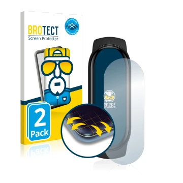 Parte frontal de un envase de producto con el logotipo de la marca BROTECT. Al lado se muestra el dispositivo Xiaomi Mi Band 6