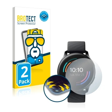 Parte frontal de un envase de producto con el logotipo de la marca BROTECT. Al lado se muestra el dispositivo OnePlus Watch co