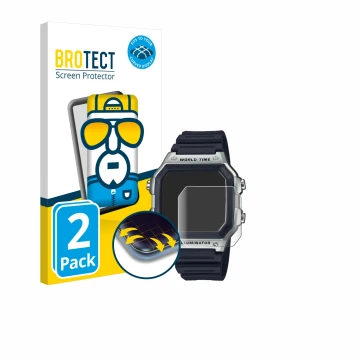 Parte frontal de un envase de producto con el logotipo de la marca BROTECT. Al lado se muestra el dispositivo Casio AE-1200WH 