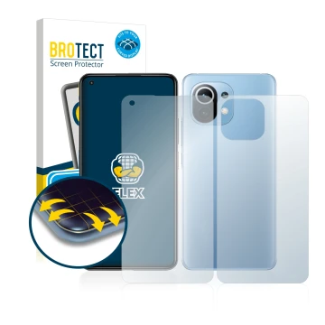 Parte frontal de un envase de producto con el logotipo de la marca BROTECT. Al lado se muestra el dispositivo Xiaomi Mi 11 Lit