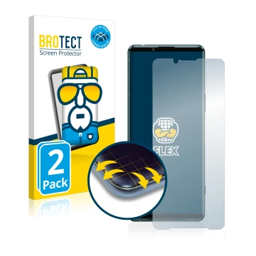 Parte frontal de un envase de producto con el logotipo de la marca BROTECT. Al lado se muestra el dispositivo Sony Xperia 5 II