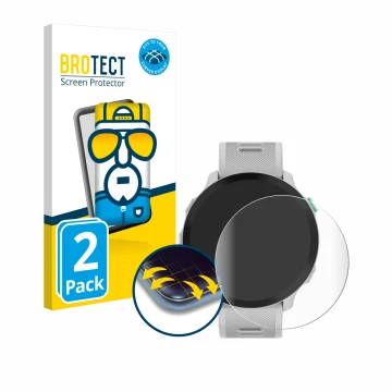 Parte frontal de un envase de producto con el logotipo de la marca BROTECT. Al lado se muestra el dispositivo Garmin Forerunne