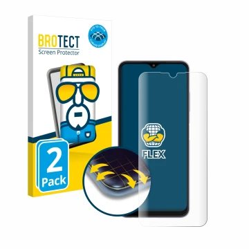 Parte frontal de un envase de producto con el logotipo de la marca BROTECT. Al lado se muestra el dispositivo Samsung Galaxy A