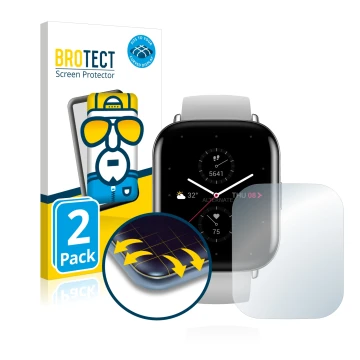 Parte frontal de un envase de producto con el logotipo de la marca BROTECT. Al lado se muestra el dispositivo Huami Amazfit Ze