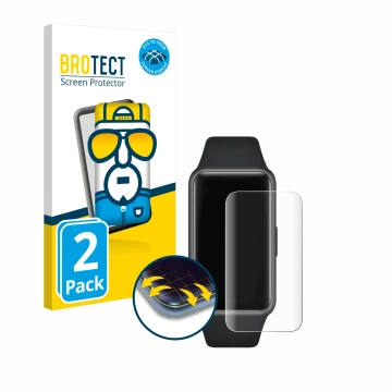 Parte frontal de un envase de producto con el logotipo de la marca BROTECT. Al lado se muestra el dispositivo Huawei Band 6 co