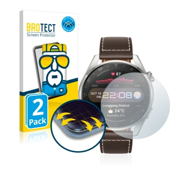 Parte frontal de un envase de producto con el logotipo de la marca BROTECT. Al lado se muestra el dispositivo Huawei Watch 3 P