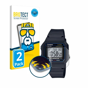 Parte frontal de un envase de producto con el logotipo de la marca BROTECT. Al lado se muestra el dispositivo Casio Unisex W-8