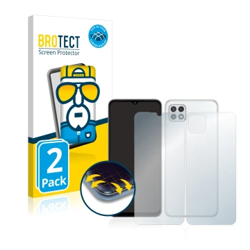 Parte frontal de un envase de producto con el logotipo de la marca BROTECT. Al lado se muestra el dispositivo Samsung Galaxy A