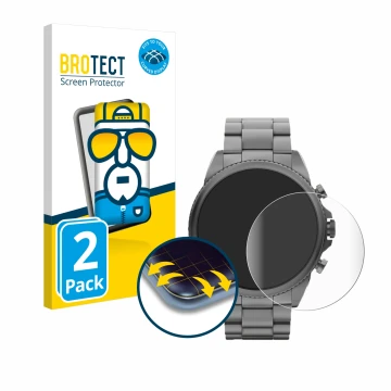 Parte frontal de un envase de producto con el logotipo de la marca BROTECT. Al lado se muestra el dispositivo Fossil Gen 6 (44