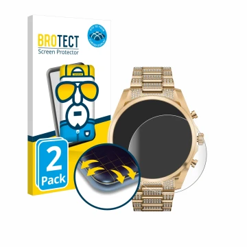 Parte frontal de un envase de producto con el logotipo de la marca BROTECT. Al lado se muestra el dispositivo Michael Kors Acc