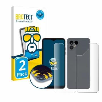 Parte frontal de un envase de producto con el logotipo de la marca BROTECT. Al lado se muestra el dispositivo Fairphone 4 (Fro