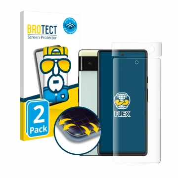 Parte frontal de un envase de producto con el logotipo de la marca BROTECT. Al lado se muestra el dispositivo Google Pixel 6 (